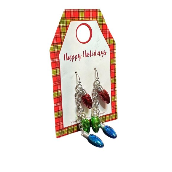 Holiday-Themed Hypoallergenic Earrings Colorful Bulbs On Silver Chains Festive - Picture 5 of 9